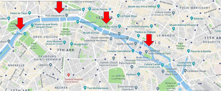 Map of Paris showing seine and major sightseeing spots